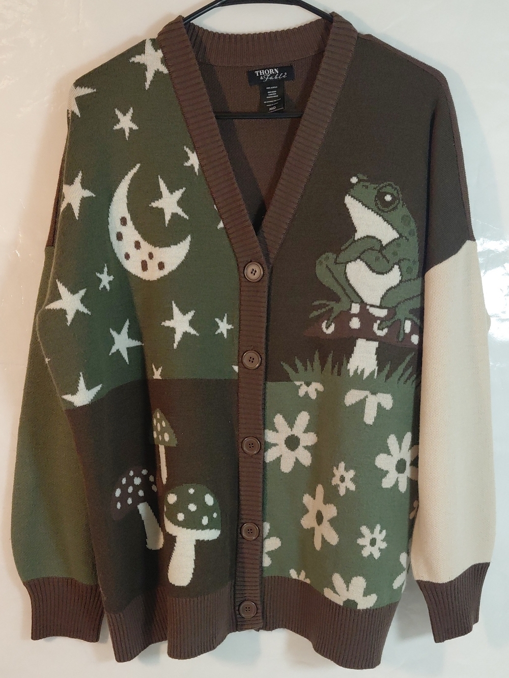 Thorn & Fable Hot Topic Frog, Moon, Floral Mushroom Pattern Cardigan Sweater Med